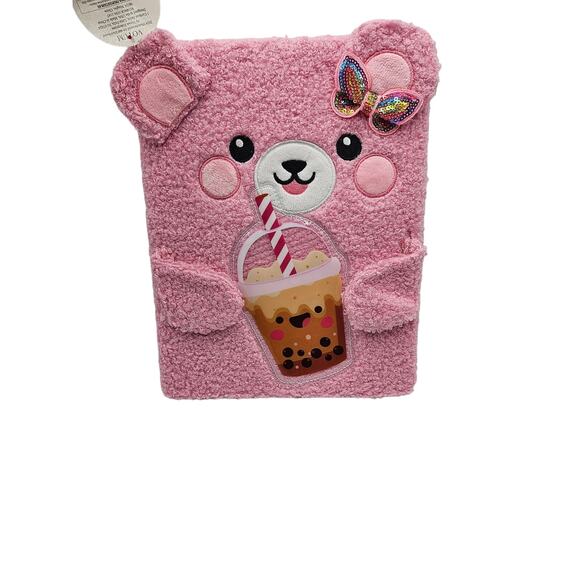 Fuzzy Sketch Book Notebook Journal Blank Pages Pink Bear Bow Drink NWT - Picture 1 of 6